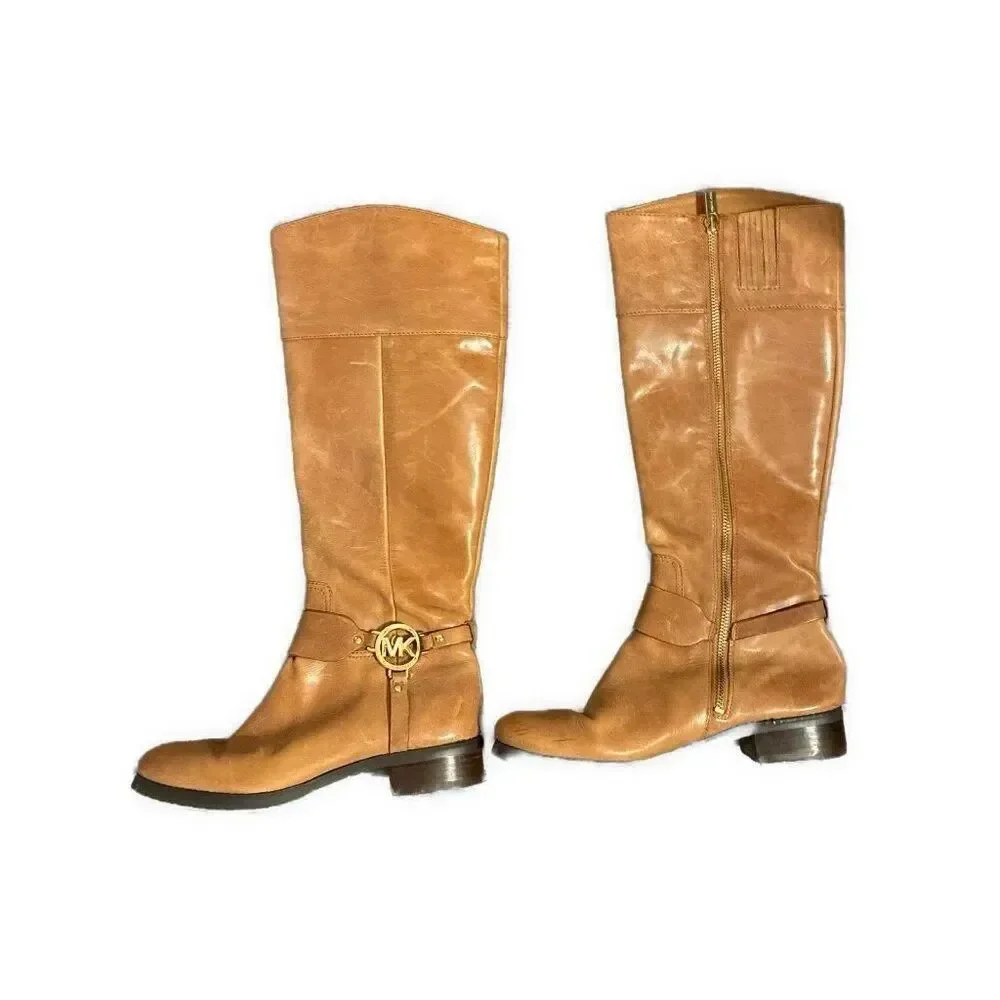 MICHAEL KORS FULTON HARNESS Camel Brown GOLD MK LOGO LUGGAGE RIDING BOOTS 7.5